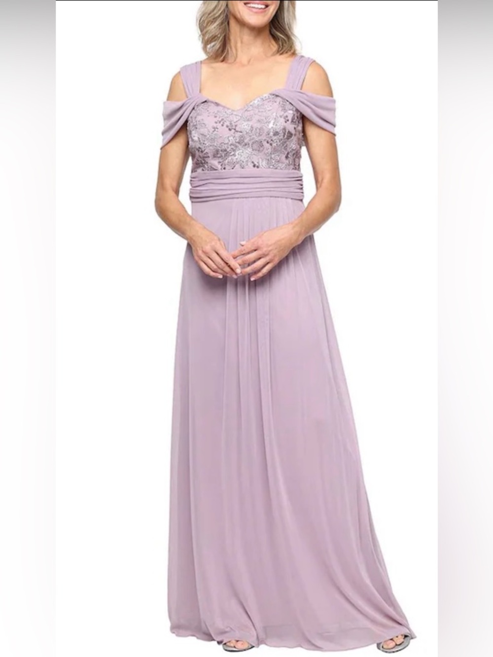 Alex Evenings Embroidered Bodice Gathered Waist Cold Shoulder Long Gown $199